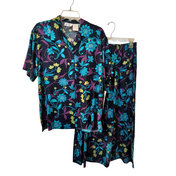 3284)Vtg Cricket Lane Multi Color Crown Jewel Button Up Top & Midi Skirt Set Med